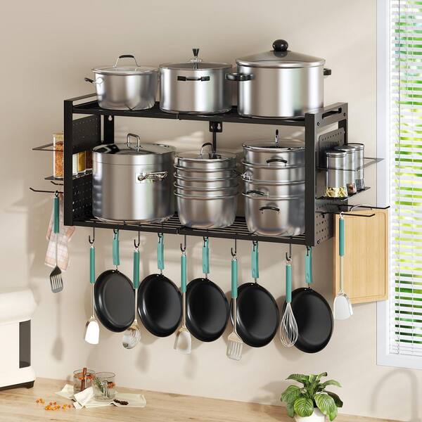 31 in. Black Metal 2-Tier Wall Mount Pot Rack, Kitchen Cookware Spice Utensil Organizer with 20 hooks, for Kitchen