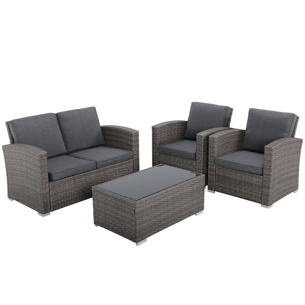 Freestyle 4-Piece Wicker Grey Outdoor Patio Conversation Set with Tempered-Glass Coffee Table, Dark Grey Cushion