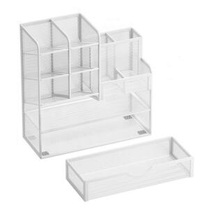 Multi-Functional Desk Organizer with Mesh Pen Holder and Drawer for Office, White