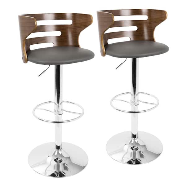 Lumisource Cosi 40.75 in. Grey Faux Leather and Chrome Low Back Adjustable Bar Stool with Wheel Footrest (Set of 2)