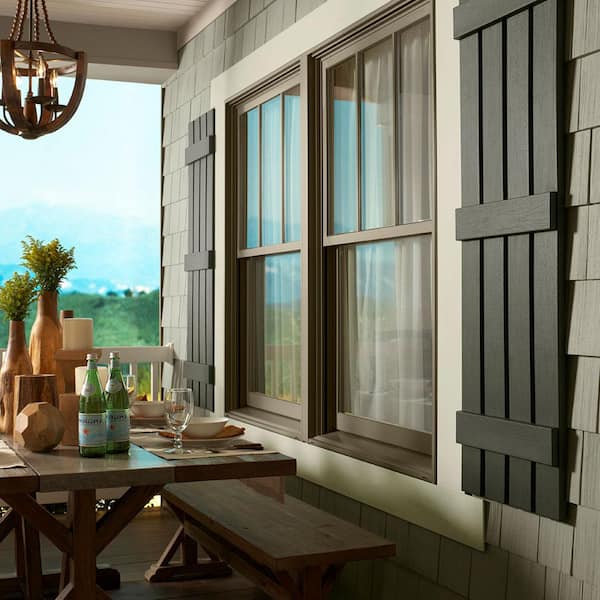 15 in. x 41 in. Polypropylene Plastic 4-Board Closed Arch Top Board and Batten Shutters Pair in Gray