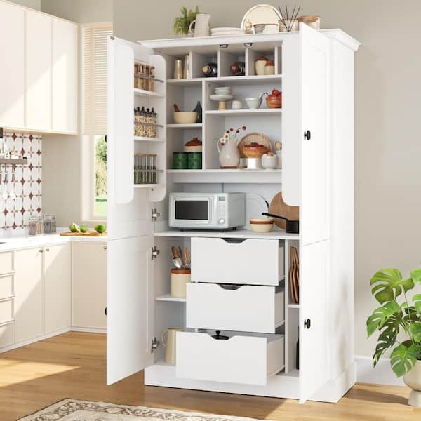 70.9 in. White Freestanding Kitchen Pantry Cabinet with 4 Doors, 3 Drawers, 6 Door Shelves and 6 Wine Racks