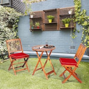 3-Pieces Folding Acacia Wood Bistro Set Patio Conversation Set with Red Cushions