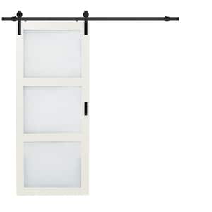 36 in. x 84 in. Bright White Solid Core Frosted 3 Lite Barn Door with Rustic Matte Black Hardware Kit