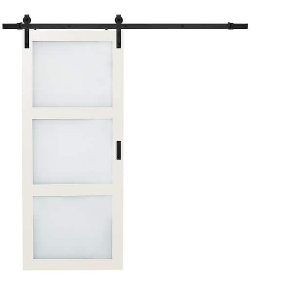 TRUporte 36 in. x 84 in. Bright White Solid Core Frosted 3 Lite Barn Door with Rustic Matte Black Hardware Kit