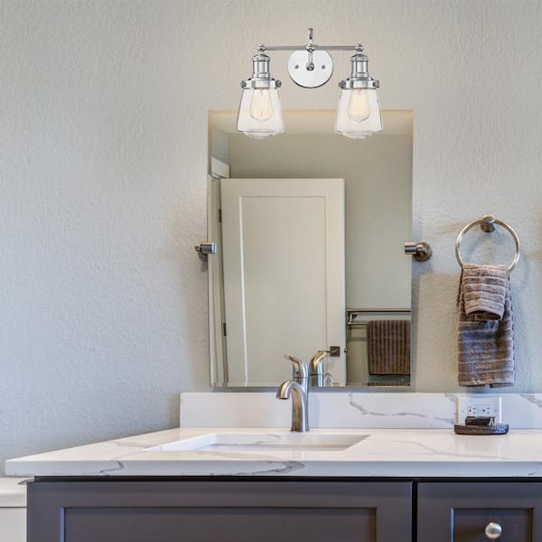 Taylor 15.25 in. 2-Light Chrome Industrial Vanity Light with Clear Glass Shades