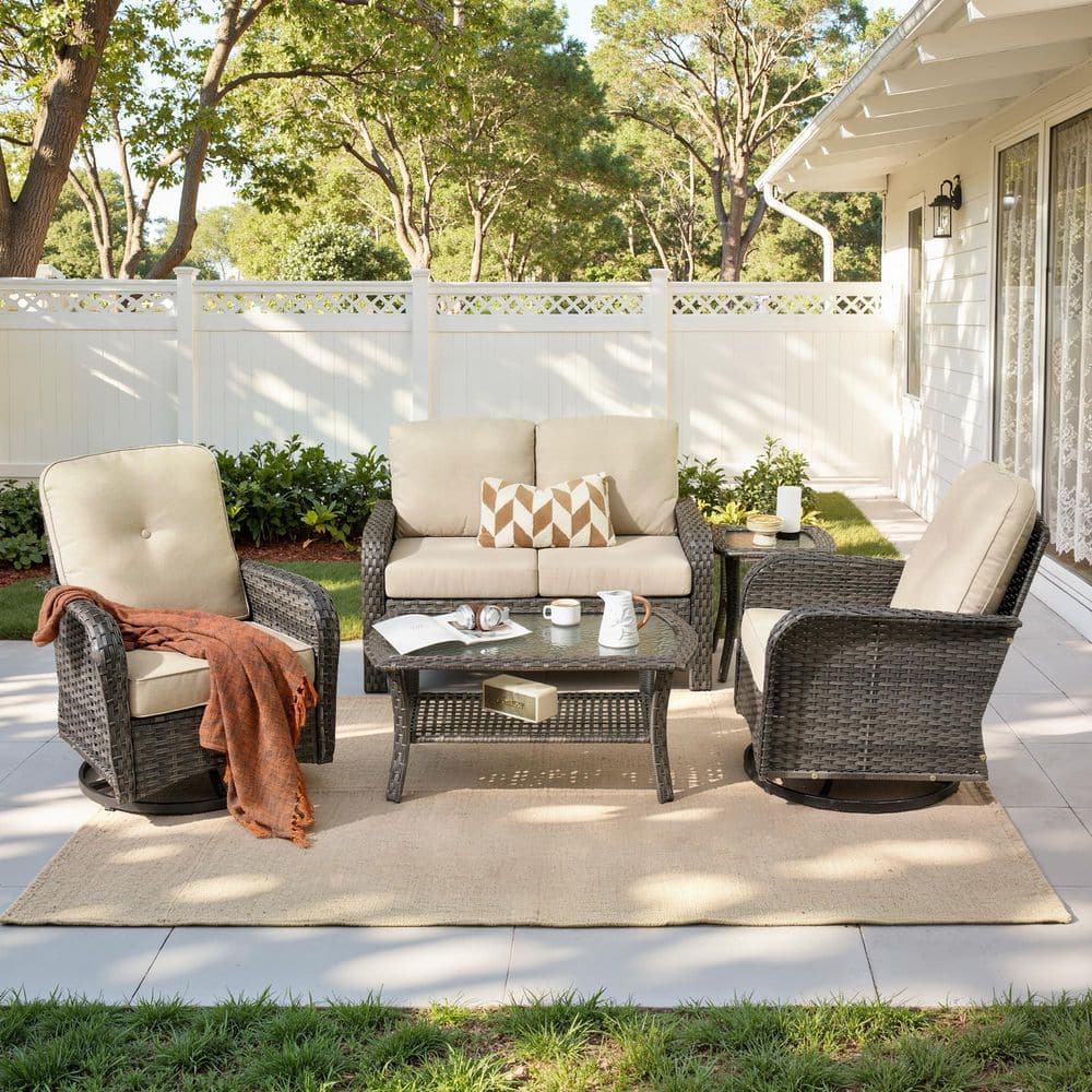 Ada Gray 5-Piece Wicker Outdoor Patio Conversation Sofa Loveseat Set with Swivel Chairs and Beige Cushions price history on PriceWatchPro