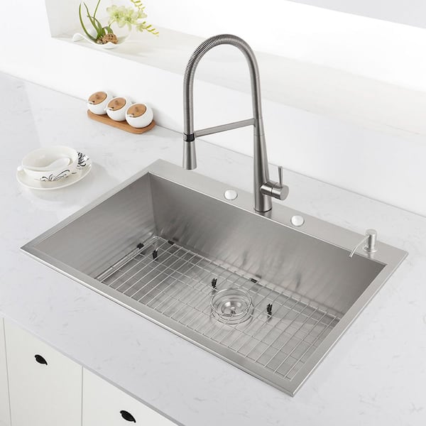 Tirana 33 in. Drop-in Topmount Single Bowl 16-Gauge Stainless Steel Stainless Steel Kitchen Sink with Four Holes