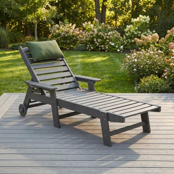 Gray Oversized HDPE Chaise Lounge – 5 Pos, Wheels, Cup Holder