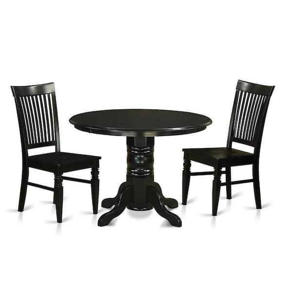 East West Furniture 3-Piece Round Black Finish Solid Wood Top Dining Table with 2 Chairs with Lattice Back