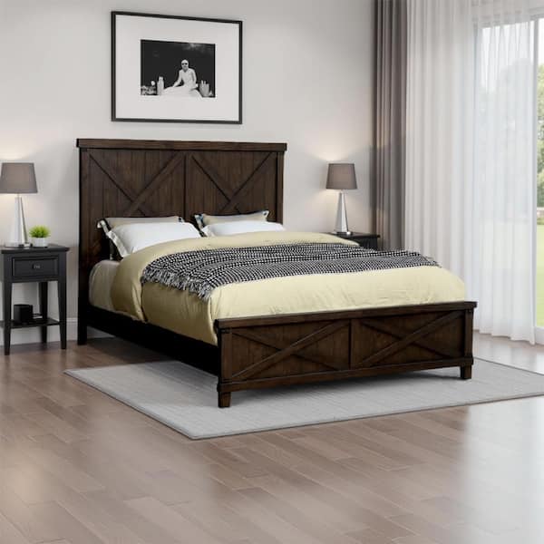 California Brown Wood Frame King Size Panel Bed with Plank Style X Shaped Details