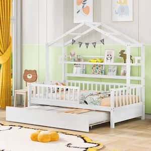White Twin Size Wooden House Bed with Roof, Shelves, Fence and Trundle