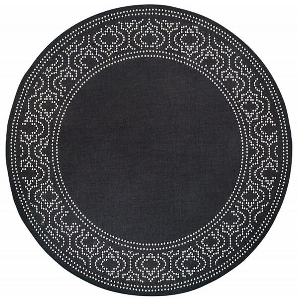 Black, Ivory 8 ft. x 8 ft. Loomed Border Polypropylene Round Indoor/Outdoor Area Rug