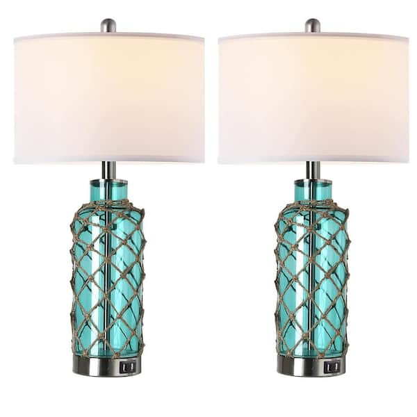 25 in. Coastal Accent Table Lamps Touch Control Blue Green Glass Rope Net Bedside Lamp with Ports Shades for Living Room