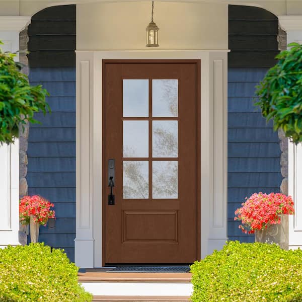 Regency 36 in. x 80 in. 3/4-6 Lite Clear Glass RHIS Chestnut Stain Mahogany Fiberglass Prehung Front Door