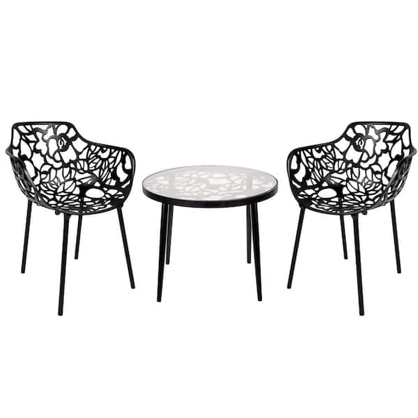 Leisuremod Devon 3-Piece Aluminum Set with Round Table with Glass Top Outdoor Dining and 2 Stackable Armchairs in Black