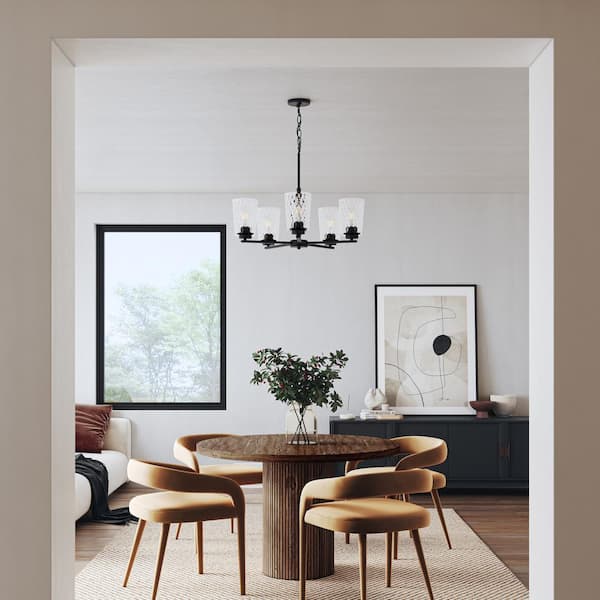 Mauzy Collection 5-Light Matte Black Transitional Chandelier with Clear Water Glass Shade for Dining Room