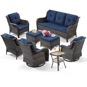 8-Piece Patio Conversation Sofa Set Furniture Sectional Seating Set with Blue Cushion and Glass Desktop