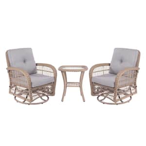 3 Pieces Natural Brown Wicker Outdoor Rocking Chair Set with Gray Cushion