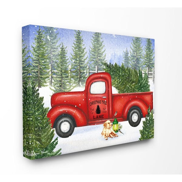 Stupell Industries 24 in. x 30 in."Holiday Christmas Tree Lane Red Pickup Truck with Dog and Lantern" by Artist Sheri Hart Canvas Wall Art