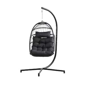 Wicker Patio Swing Egg Chair with Stand and Black Cushions