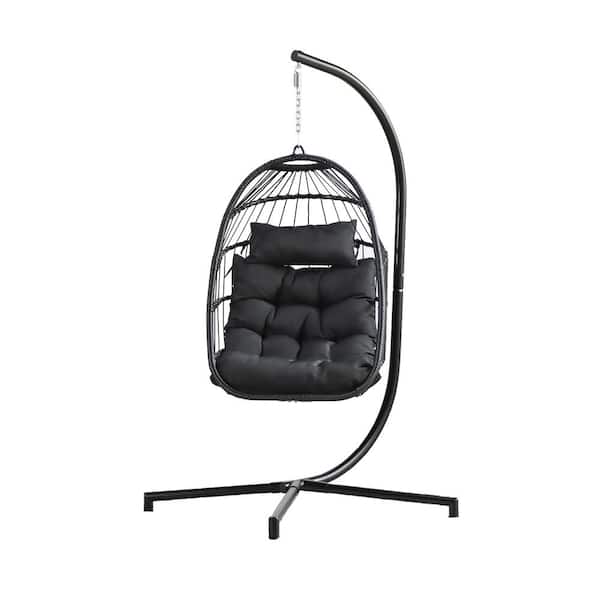 Unbranded Wicker Patio Swing Egg Chair with Stand and Black Cushions