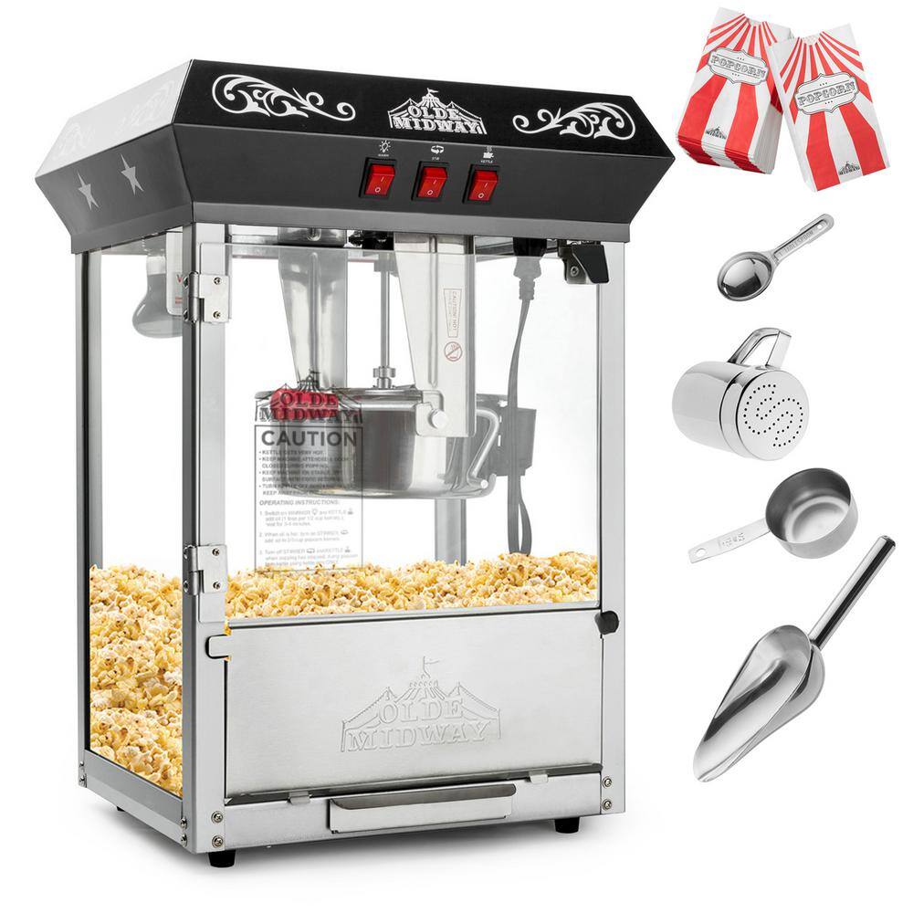 Old-Fashioned Black Steel Tabletop Popcorn Machine with Cart