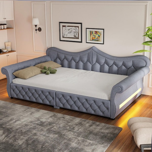 Gray Queen Size Daybed with LED and Nail Head Decoration