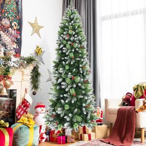 7.5 ft. Unlit PVC Pencil Artificial Christmas Tree Snow Sprayed Classic Tree with Pine Needles and Red Berry Clusters