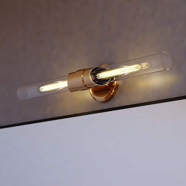 VAXCEL Webster 4.75 in. W 2 Light Natural Brass Vanity Light Gold Contemporary Bathroom Wall Sconce Fixture Clear Glass