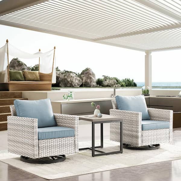 Gymojoy Valenta Light Gray 3-Piece Wicker Patio Conversation Set with Baby Blue cushions