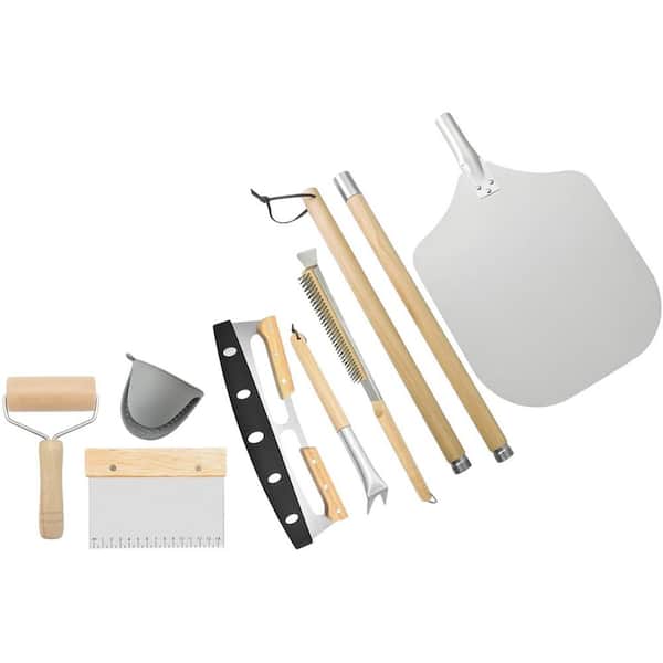 7-Piece Stainless Steel and Wood Pizza Oven Accessory Set Silver Finish with Shovel Brush Flipper Cutter Roller