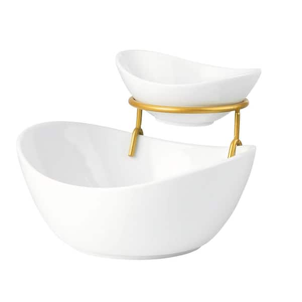 8 in. W x 3 in. H Porcelain Serving Bowl Set with 2 Compartment, Serving Dishes Set for Appetizer, White