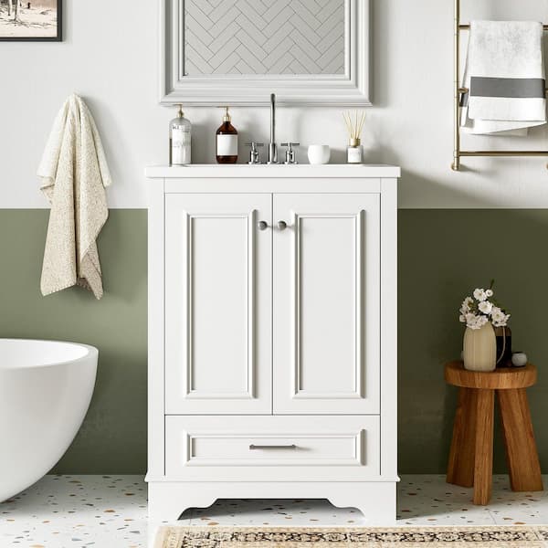 24 in. Freestanding White Bath Vanity with White Ceramic Top, Adjustable Shelf Unassembled