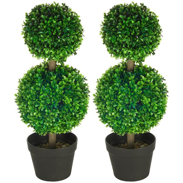 23.5 in. H Green Artificial Boxwood Topiary Tree Plant in Black Pot for Home Office, Living Room Decor (2-Pack)