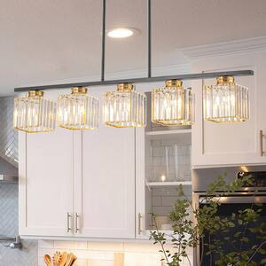 5-Light Modern Black And Gold Linear Crystal Hanging Pendant Light for Kitchen Island