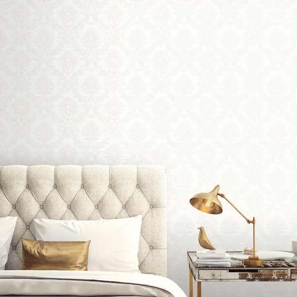 Classic Damask Wallpaper in shades of White and Pearl