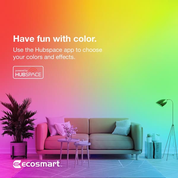 EcoSmart 60-Watt Equivalent Smart A19 Color Changing CEC LED Bulb Voice Control (1-Bulb) Powered by Hubspace 11A19060WRGBWH1 - Home Depot