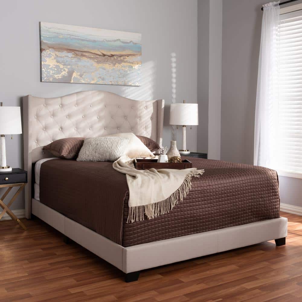 Contemporary Beige Queen Upholstered Bed with Tufted Headboard