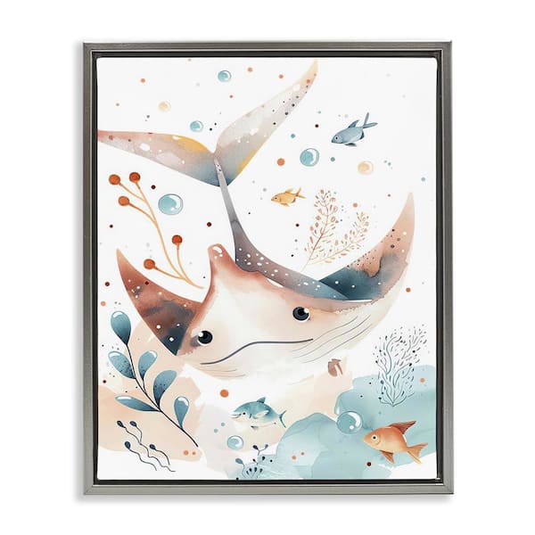 Stupell Industries Smiling Manta Ray by Franklyn Gregory Gray Floater Frame Animal Graphic Art Print 31 in. x 25 in.