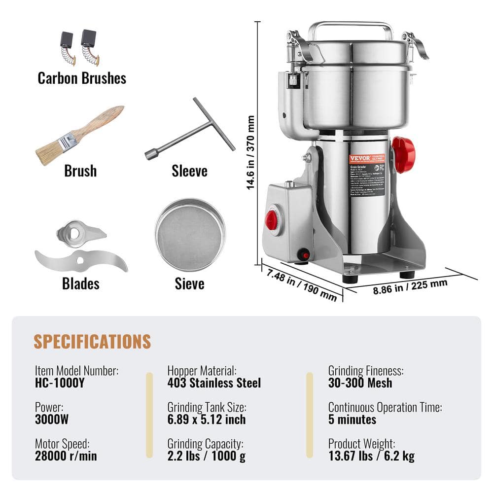 VEVOR High-Speed Stainless Steel Electric Grain Mill Grinder