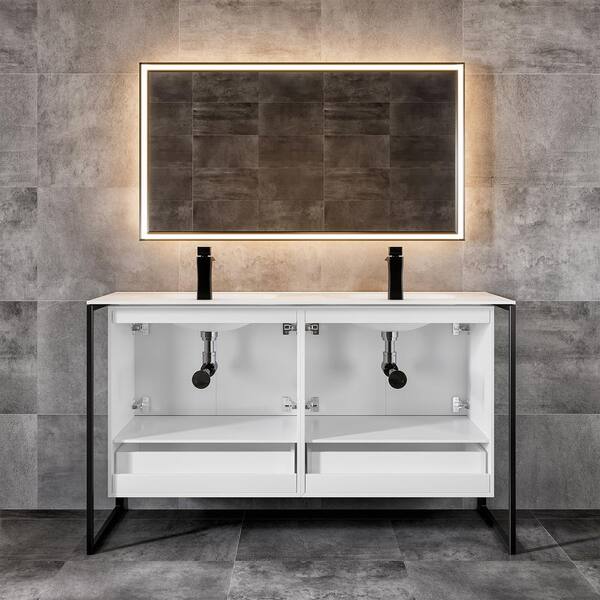 Moma 48 in. W x 18 in. D x 34 in. H Double Bathroom Vanity in Gray with White Solid Surface Top with White Sinks