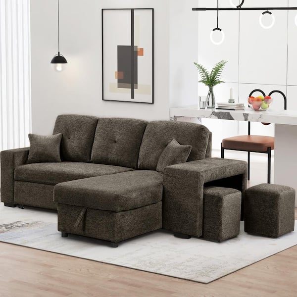 95 in. Square Arm Velvet L -Shaped Sofa with Side Shelf and 2 Stools in Knox Charcoal