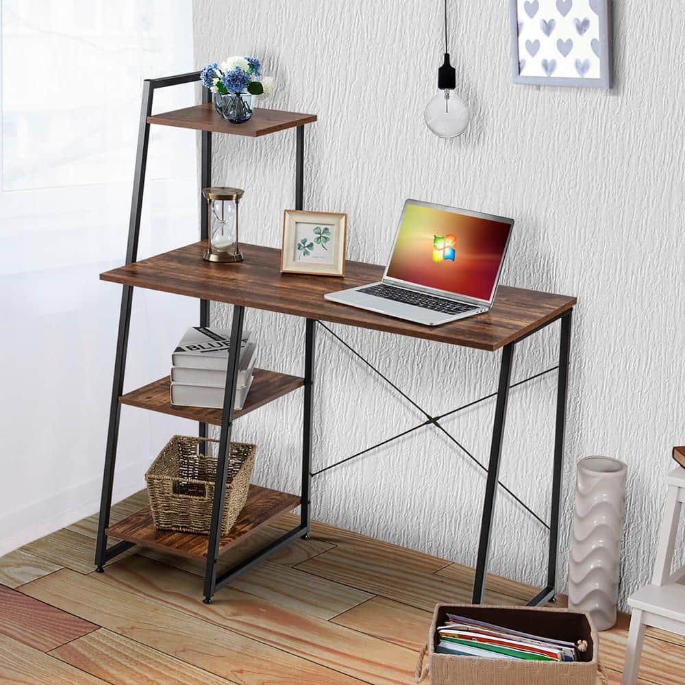 Elegant Corner Writing Desk with 4-Tier Open Shelves in Brown