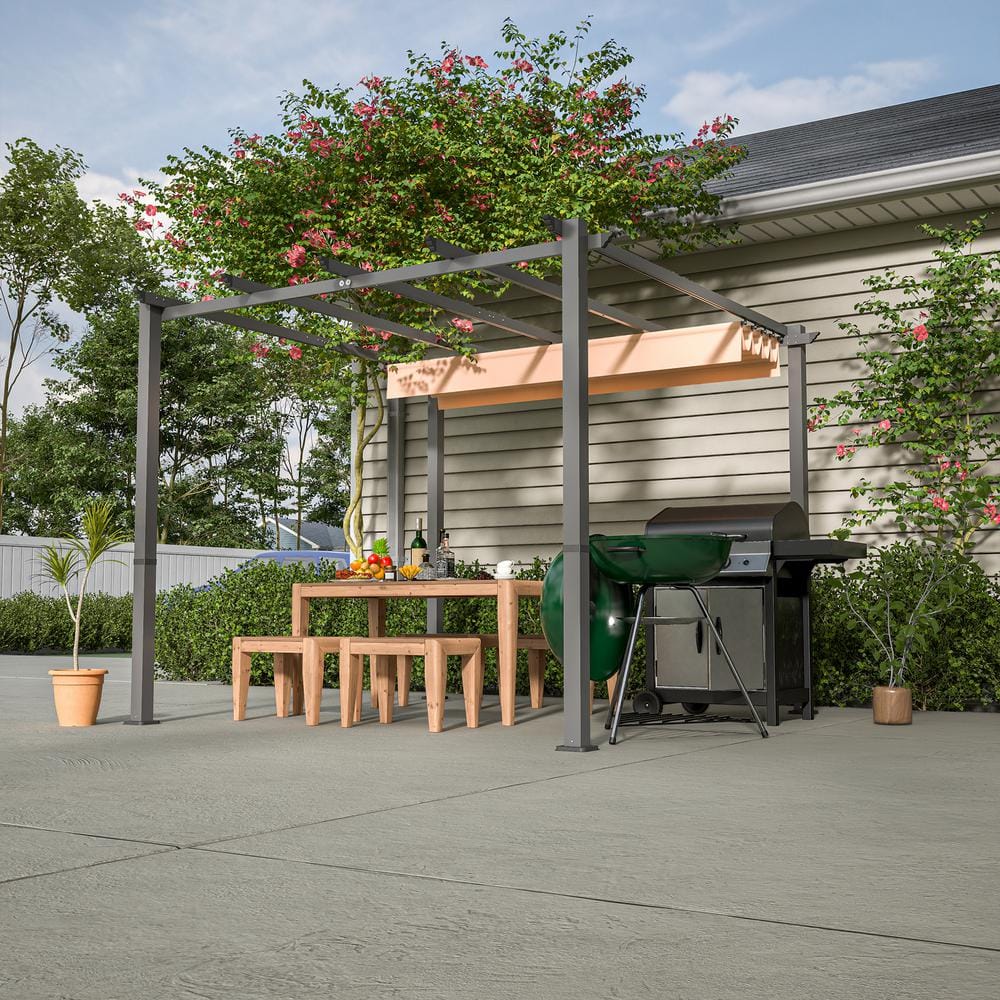 Khaki 10x10 Steel Patio Pergola with Retractable Canopy