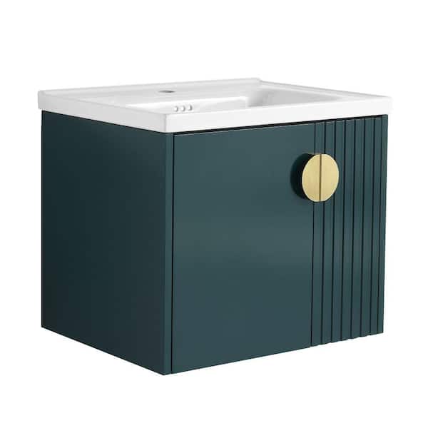 Modland Yunus 23 in. W x 18 in. D x 20 in. H Single Sink Floating Bath Vanity in Green with White Ceramic Top
