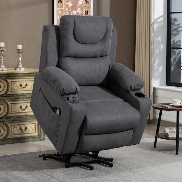 160° Lay Flat Gray Short Plush Upholstery 23.2 in. W Seat Living Room Power Recliner Chair with Heat and Massage
