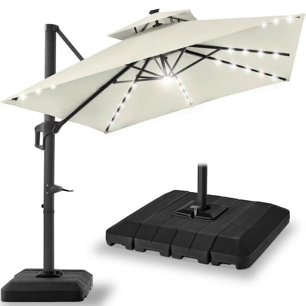 Best Choice Products 10x10ft 2-Tier Square Outdoor Solar LED Cantilever Patio Umbrella w/ Base Included - Ivory