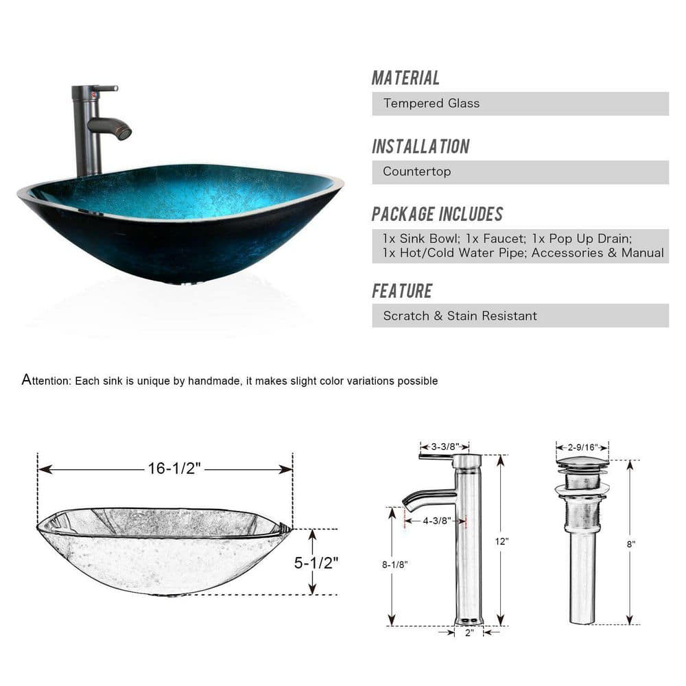 Turquoise Glass Above-Counter Vessel Sink with Faucet and Drain