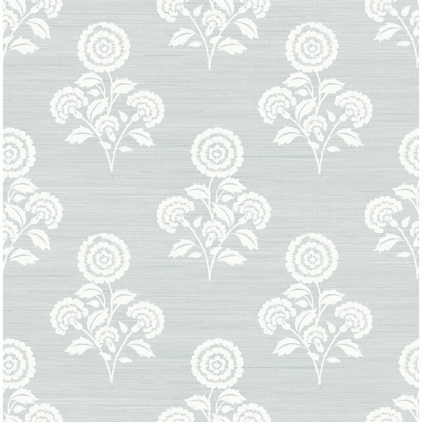 SOCIETY SOCIAL Blue Flourish Block Print Whisper Faux Grass Cloth Peel and Stick Wallpaper Sample